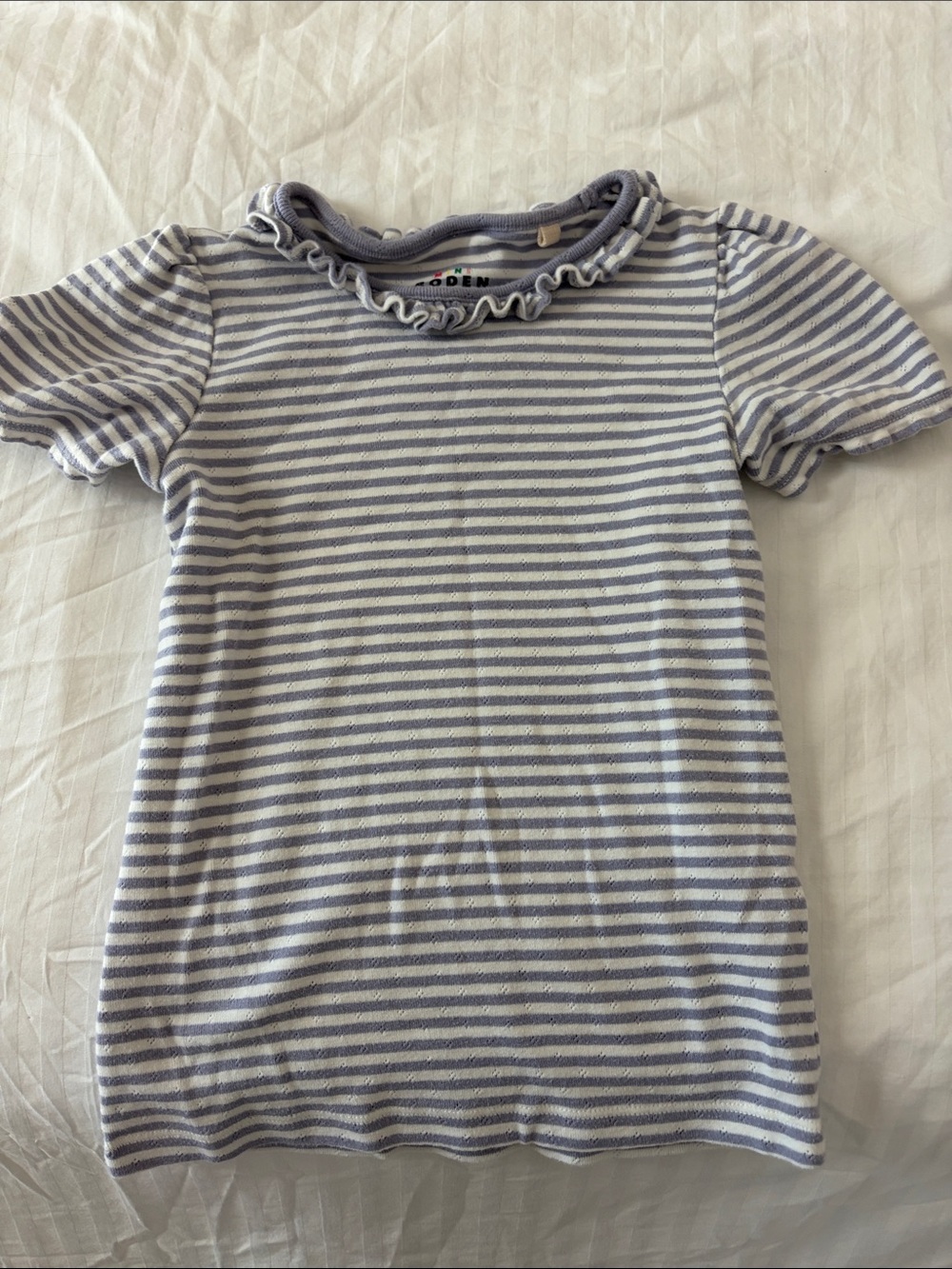 Mini Boden Blue & White Striped Short Sleeve Ruffle Top